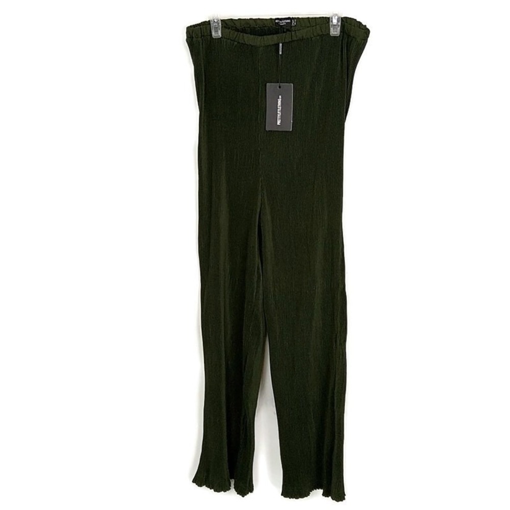PrettyLittleThing Maternity Olive Plisse Wide Leg Pants Pleated Boho‎ sz 8 NWT